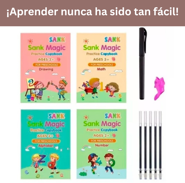 Set de 4 Cuadernos Mágicos de Caligrafia, Montessori, en inglés y reutilizables.