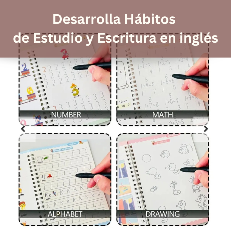 Set de 4 Cuadernos Mágicos de Caligrafia, Montessori, en inglés y reutilizables.